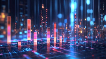 Poster - A futuristic D bar graph with transparent bars of varying heights, hovering over a digital grid, representing data visualization in tech or finance.