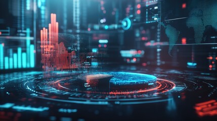 Poster - A futuristic D pie chart with floating segments, representing the global financial market share, with animated financial symbols and graphs in the background.