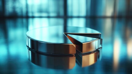 Fototapete - A metallic D pie chart with polished sections, each representing a portion of a company's financial portfolio, set against a futuristic background.