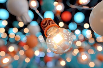 Wall Mural - bright bulbs in a colorful bokeh background featuring an array of hanging lights and softly blurred 