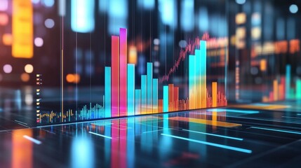 Poster - A multi-colored D bar chart displayed on a transparent digital board, illustrating business trends and data insights in a sleek, high-tech setting.