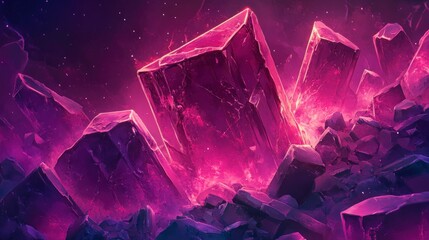 Wall Mural - Close-up of cracked and broken dark red crystal, night sky background, close-up, warm light from behind the crystals