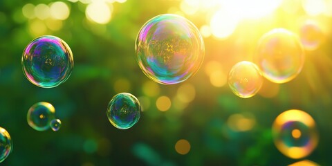 Poster - Colorful soap bubbles floating in sunlight with blurred green background