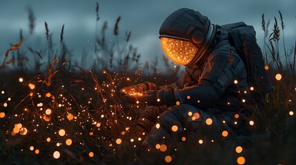 Aufkleber - Astronaut contemplates glowing field, twilight landscape