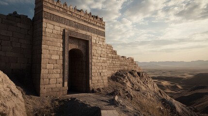 Wall Mural - Ancient stone gateway overlooking desert landscape. Possible use Travel, historical tourism stock photo