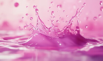 Poster - Pink water splash with droplets creating dynamic wave patterns in soft focus background