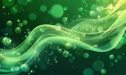 Poster - abstract green wave background with bubbles and glowing particles for design