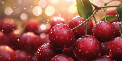 Poster - Fresh cherries with water droplets glistening in sunlight, creating a vibrant summer feel