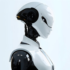 Poster - Cybernetic Portrait: A sleek, futuristic robot head, rendered in pristine detail, turns its gaze, embodying innovation and technological advancement.