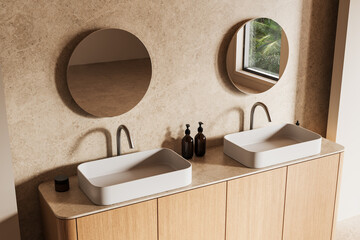 Wall Mural - Modern bathroom interior with double sinks and round mirrors. 3D Rendering