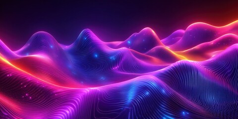 Poster - colorful abstract wave patterns with glowing lines and lights in a digital landscape