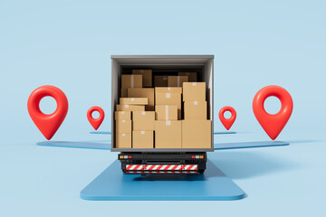 Poster - Logistics delivery truck with stacked parcels and red location pins on a blue background. Concept of online shopping and tracking system. 3D Rendering