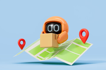 Poster - Cute delivery robot holding a package over a digital map with red location markers on a blue background. Concept of tracking and online shopping. 3D Rendering