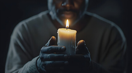 African American man holding burning candle on dark background. Dramatic scene. Memorial and remembrance. Black History Month, Black lives matter