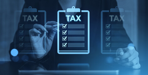 Poster - Digital holographic tax checklist on clipboard, concept for financial management.