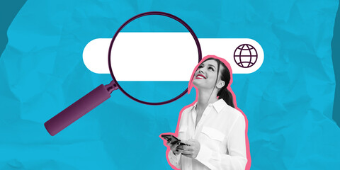 Poster - Woman with phone and magnifying glass over search bar on blue cr
