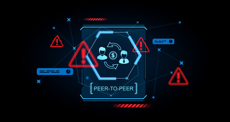Poster - Peer-to-peer payment security risks with holographic digital interface.