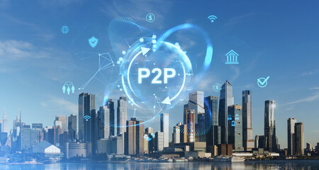 Poster - p2p payment technology concept over new york skyline.