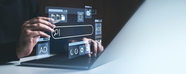 Poster - Digital search interface concept with hands interacting on a laptop screen.