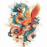 Mystical dragon and phoenix intertwined in clouds, ideal for fantasy themed project