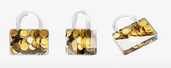 Poster - Transparent padlocks filled with gold coins on white background. Concept of secure savings, crypto security, and financial protection. 3D Rendering