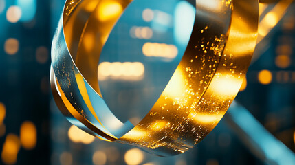 Poster - Shimmering golden ribbons dance in soft blue light amid city skyline