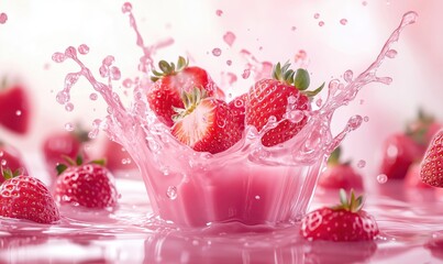 Poster - Fresh strawberries splashing in pink liquid creating vibrant and refreshing scene