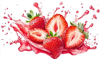 Poster - Fresh strawberries splashing in vibrant juice with dynamic water droplets