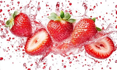 Poster - Fresh strawberries splashing in water with vibrant red droplets and sliced pieces