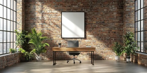 Wall Mural - A modern workspace featuring a wooden desk, an empty frame on a brick wall, large windows, and indoor plants, creating a bright and inviting atmosphere.