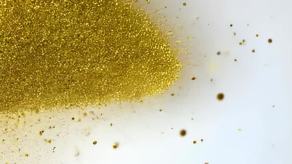 Poster - Sparkling gold particles dance gracefully in a soft white atmosphere during a magical creative moment. Generative AI