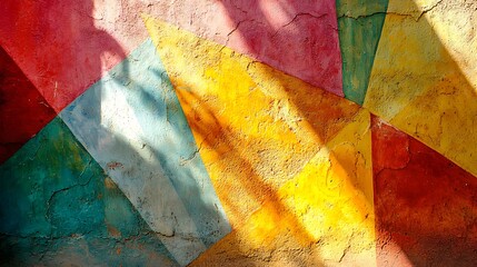 Poster - Colorful geometric wall art, sunlight shadows, textured surface, outdoor setting, design inspiration