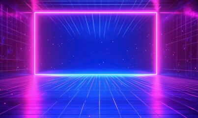 Poster - Futuristic neon grid background with glowing frame and starry night sky