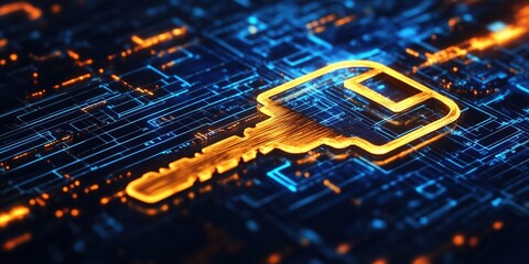 Poster - digital key symbol glowing on circuit board background representing cybersecurity and encryption