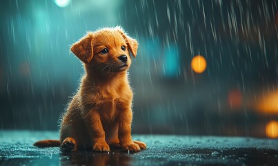 Adorable golden puppy sitting in rain with droplets on fur and blurred city lights