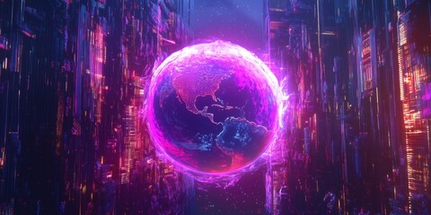 Poster - Futuristic digital representation of Earth surrounded by vibrant neon lights