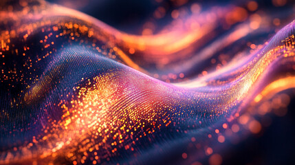 Poster - Colorful abstract wave patterns illuminated with vibrant particles in a dark background