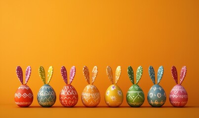 Colorful Easter eggs with bunny ears arranged on orange background