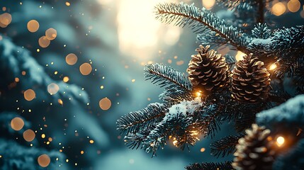 Poster - Snowy pine branch with lights, winter forest bokeh, holiday card