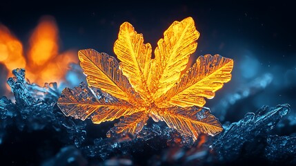 Poster - Golden frost leaf glows, winter fire background, nature macro, design