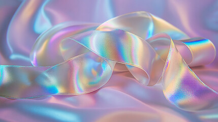 Poster - Delicate iridescent ribbon draped elegantly on soft fabric background