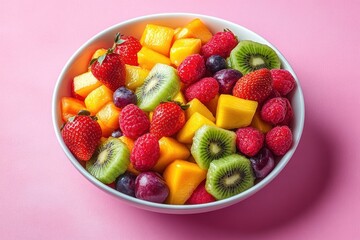 Colorful Fruit Salad in White Bowl on Pastel Pink Background