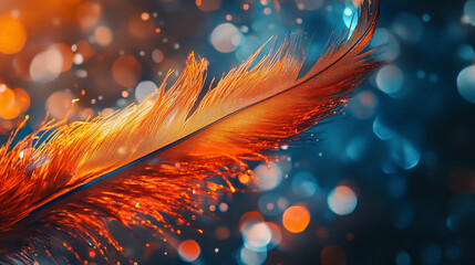 Poster - Vibrant orange feather with shimmering background in soft focus at dusk