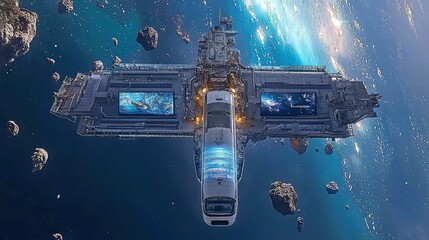 Wall Mural - futuristic spaceship station orbiting earth with large screens displaying space scenes
