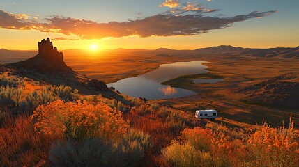 Wall Mural - Golden hour sunset bathes tranquil lake and campervan in warm autumnal hues. AI Generated