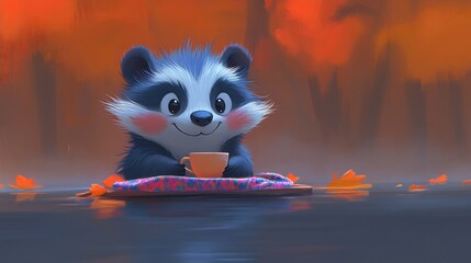  Cute badger enjoys warm autumn drink floating serenely on calm water. AI Generated