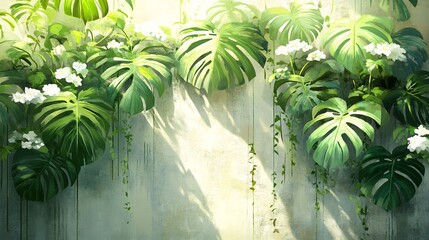 Wall Mural - Lush tropical foliage thrives against a softly lit wall creating a serene vibrant scene. AI Generated