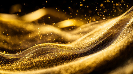 Poster - golden particles flowing in waves create a mesmerizing visual effect at night