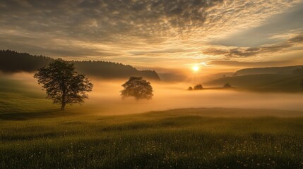 sunrise over misty meadow with trees and rolling hills in tranquil landscape