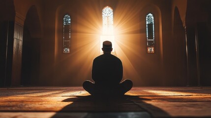 Poster - In a serene mosque, a Muslim man sits in prayer. Soft light beams through ornate windows, illuminating his silhouette, creating a tranquil atmosphere of reflection and peace